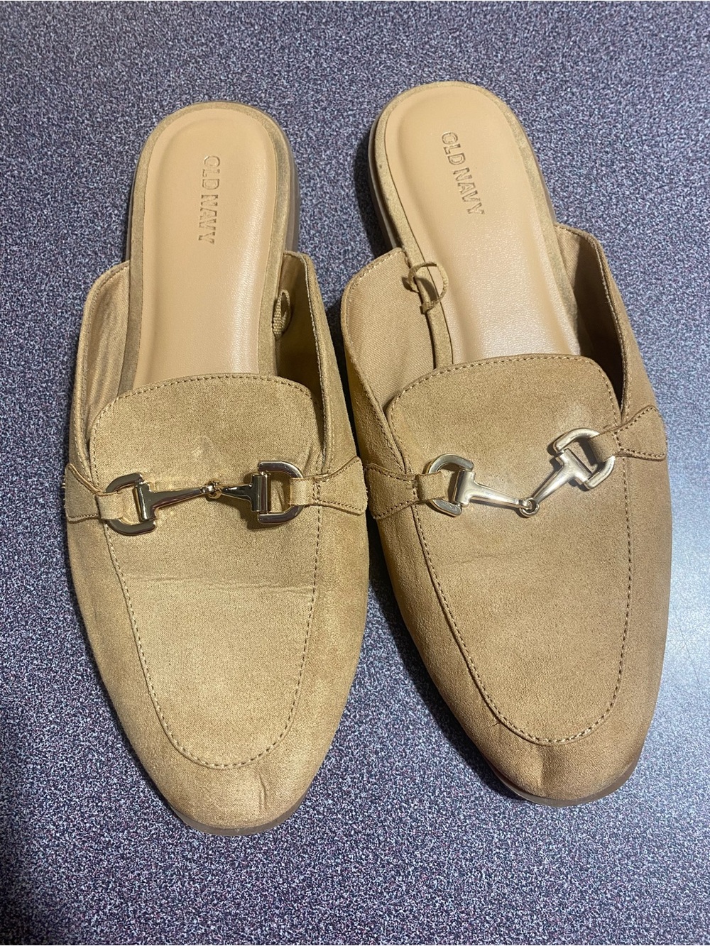 Old Navy Tan Suede Backless Loafers with Gold Bit